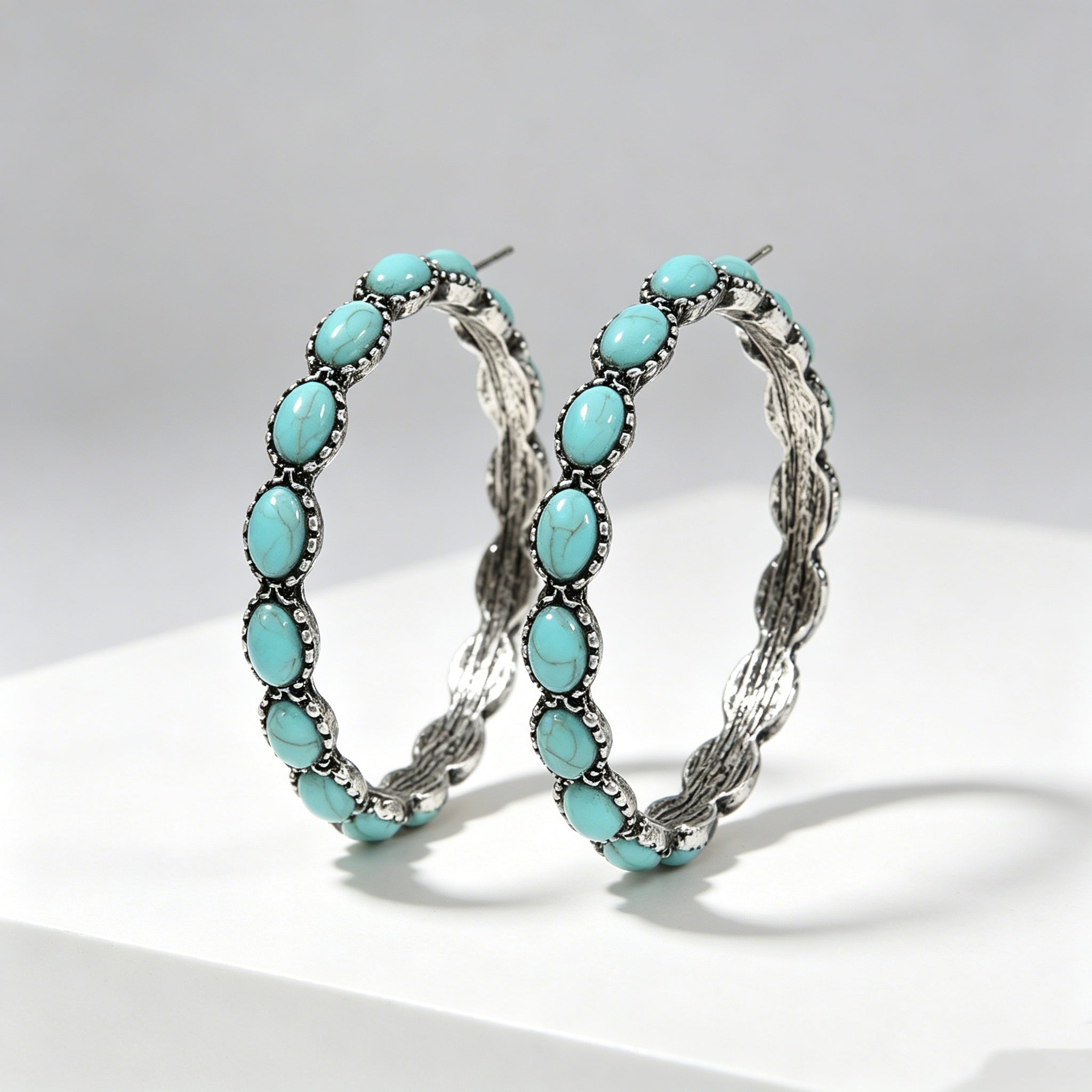 Large Circle C-Shaped Turquoise Earrings