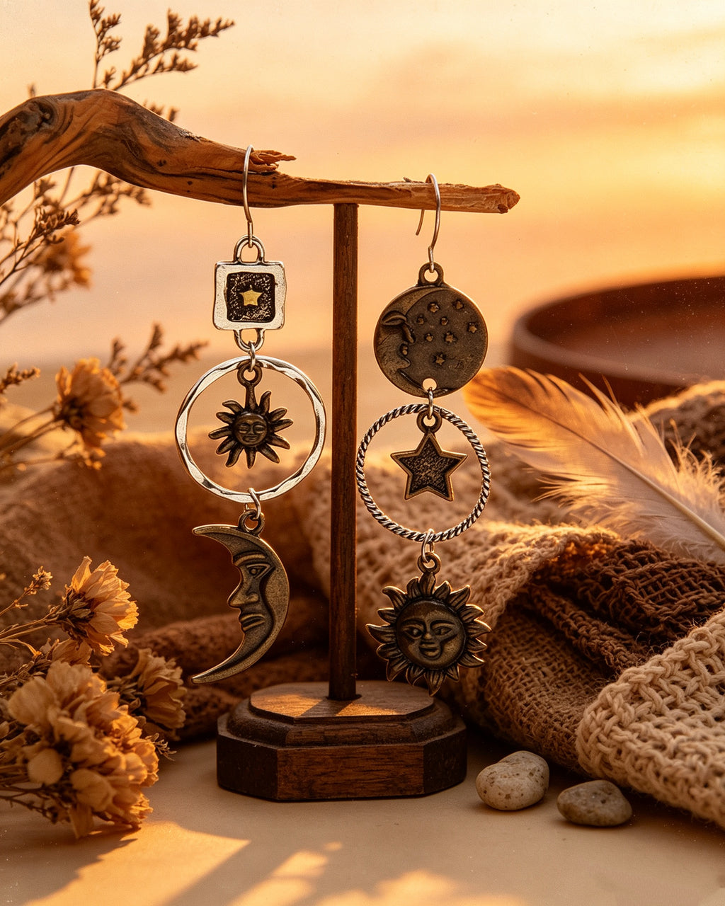 Five-Pointed Star Sun & Moon Earrings