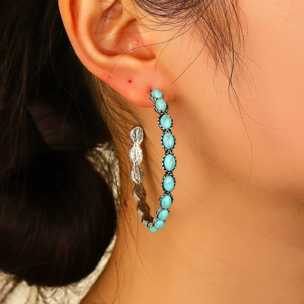 Large Circle C-Shaped Turquoise Earrings