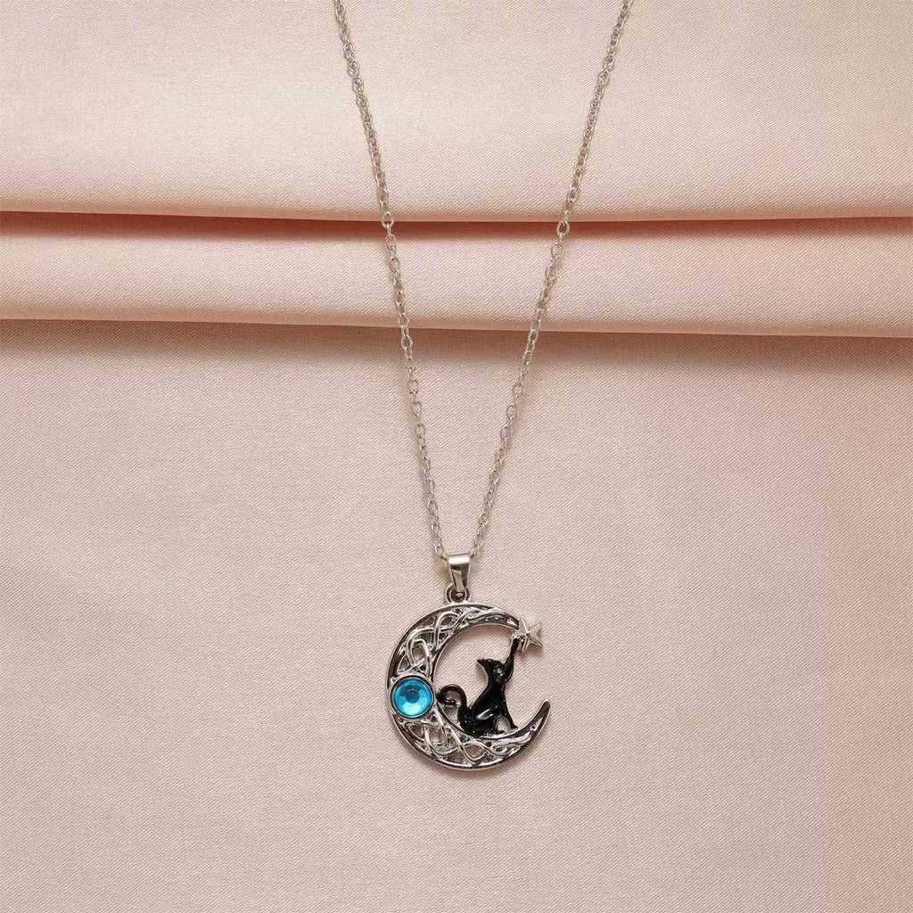 Moonstone Starry Black Cat Necklace